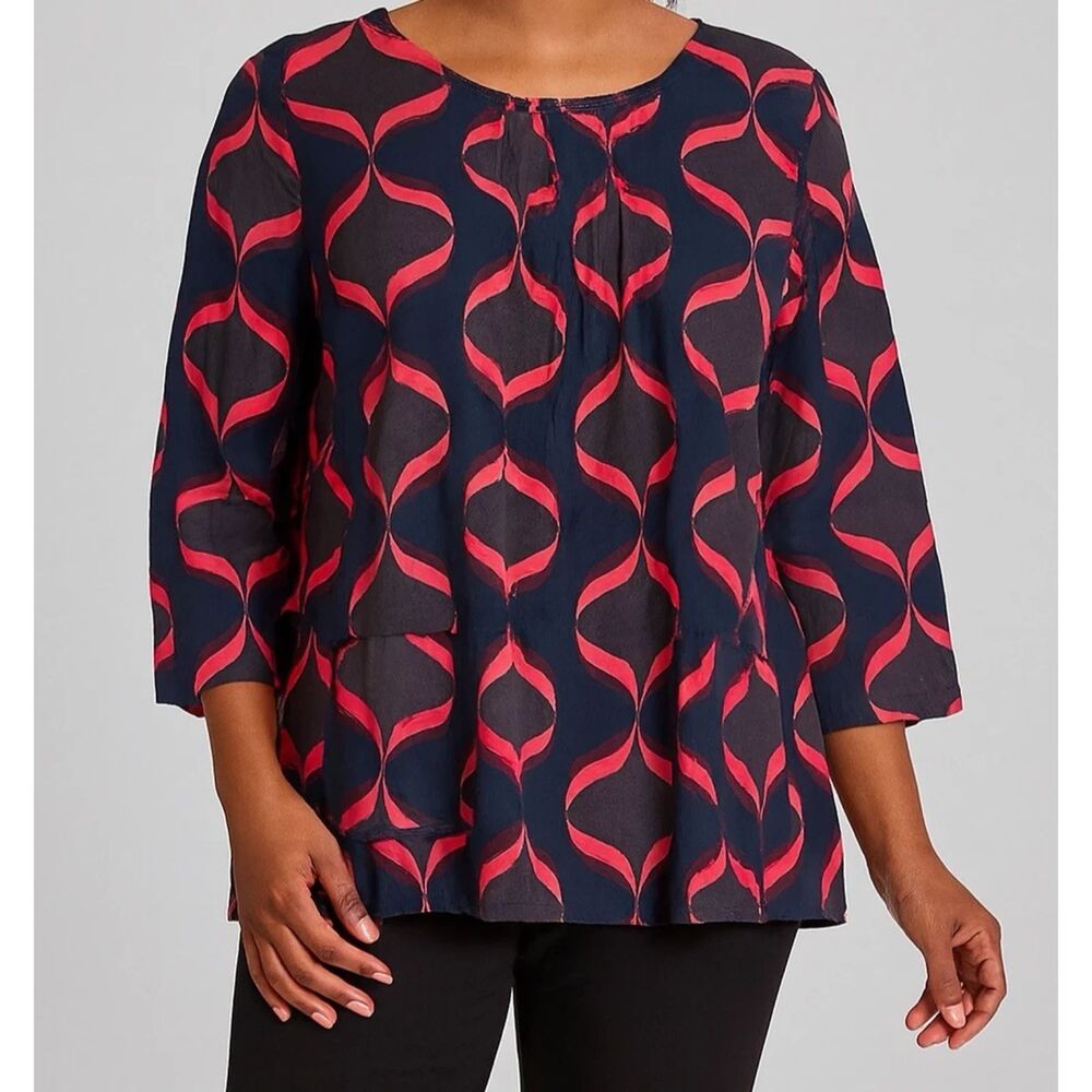 Boden Top Womens Sz 8 Zip Blouse Retro Geometric Artsy minimal career feminine